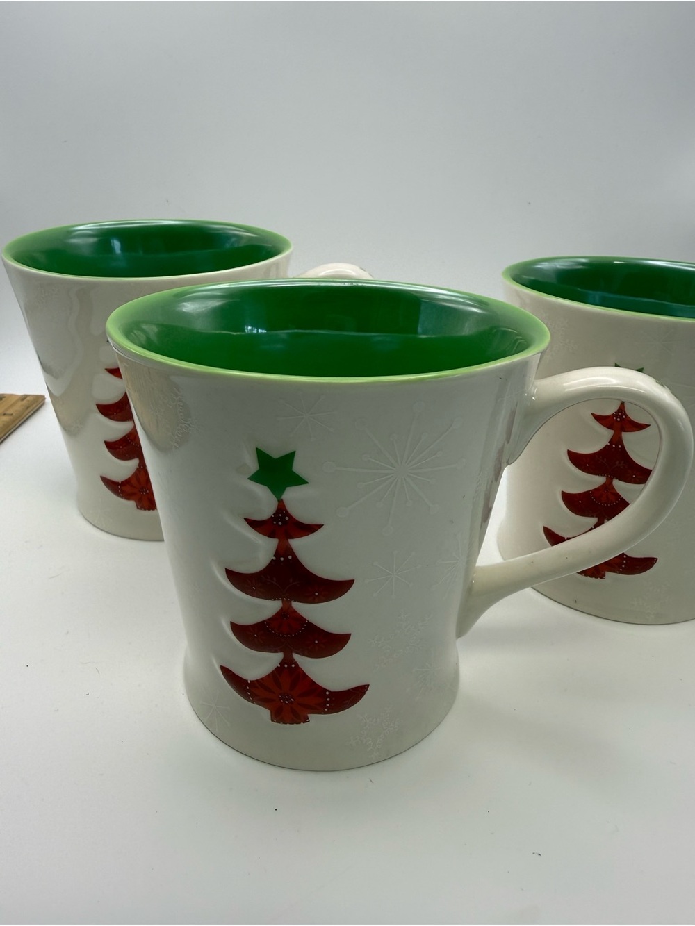 3 Starbucks 2006 Holiday Ceramic Coffee Mug with Green Interior and Red Tree
